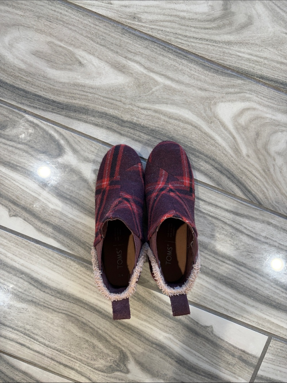 TOMS Red and Burgundy Plaid Slip-On Shoes
